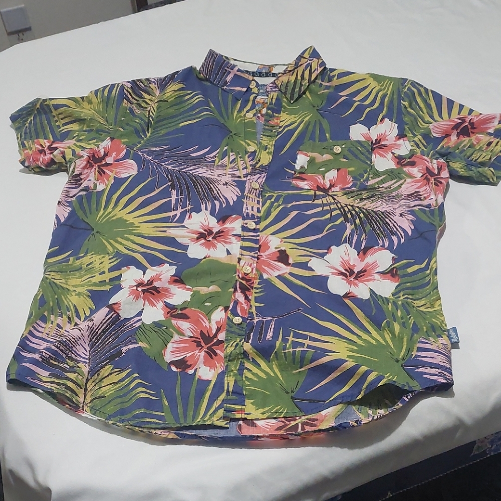 Huntington Men's Tropical Floral Button Down Shirt - Blue and Green Size Large